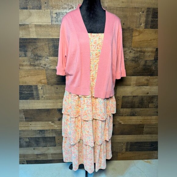 89th Madison Mimi Chica Tiered Ruffled Dress Cardigan Sweater XL Pink Floral - Picture 1 of 10
